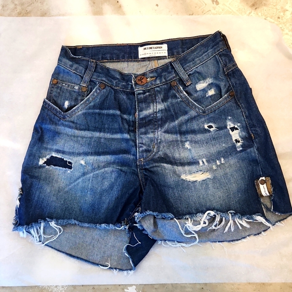 One Teaspoon Denim Relaxed Fit High Rise Twisted Cuff Hem Shorts